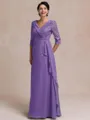 Tasteful A-line V-Neck 3/4 Sleeves Appliques Lace Floor-Length Chiffon Mother of the Bride Dress