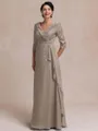 Tasteful A-line V-Neck 3/4 Sleeves Appliques Lace Floor-Length Chiffon Mother of the Bride Dress