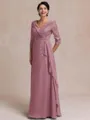 Tasteful A-line V-Neck 3/4 Sleeves Appliques Lace Floor-Length Chiffon Mother of the Bride Dress
