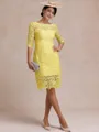 Modest Sheath Bateau 3/4 Sleeves Knee-Length Lace Mother of the Bride Dress