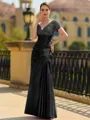 Stunning Sheath/Column Silk like Satin Applique V-Neck Short Sleeves Floor-Length Mother of the Bride Dress