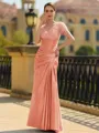 Stunning Sheath/Column Silk like Satin Applique V-Neck Short Sleeves Floor-Length Mother of the Bride Dress