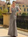 Stunning Sheath/Column Silk like Satin Applique V-Neck Short Sleeves Floor-Length Mother of the Bride Dress