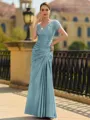Stunning Sheath/Column Silk like Satin Applique V-Neck Short Sleeves Floor-Length Mother of the Bride Dress