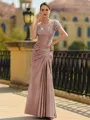 Stunning Sheath/Column Silk like Satin Applique V-Neck Short Sleeves Floor-Length Mother of the Bride Dress