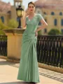 Stunning Sheath/Column Silk like Satin Applique V-Neck Short Sleeves Floor-Length Mother of the Bride Dress