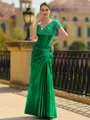 Stunning Sheath/Column Silk like Satin Applique V-Neck Short Sleeves Floor-Length Mother of the Bride Dress
