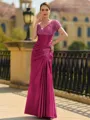 Stunning Sheath/Column Silk like Satin Applique V-Neck Short Sleeves Floor-Length Mother of the Bride Dress