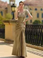 Stunning Sheath/Column Silk like Satin Applique V-Neck Short Sleeves Floor-Length Mother of the Bride Dress