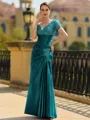 Stunning Sheath/Column Silk like Satin Applique V-Neck Short Sleeves Floor-Length Mother of the Bride Dress