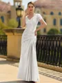 Stunning Sheath/Column Silk like Satin Applique V-Neck Short Sleeves Floor-Length Mother of the Bride Dress