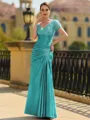 Stunning Sheath/Column Silk like Satin Applique V-Neck Short Sleeves Floor-Length Mother of the Bride Dress