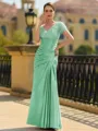 Stunning Sheath/Column Silk like Satin Applique V-Neck Short Sleeves Floor-Length Mother of the Bride Dress