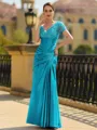 Stunning Sheath/Column Silk like Satin Applique V-Neck Short Sleeves Floor-Length Mother of the Bride Dress