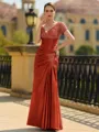 Stunning Sheath/Column Silk like Satin Applique V-Neck Short Sleeves Floor-Length Mother of the Bride Dress
