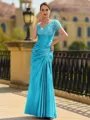 Stunning Sheath/Column Silk like Satin Applique V-Neck Short Sleeves Floor-Length Mother of the Bride Dress