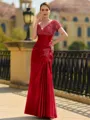 Stunning Sheath/Column Silk like Satin Applique V-Neck Short Sleeves Floor-Length Mother of the Bride Dress
