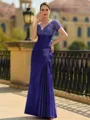 Stunning Sheath/Column Silk like Satin Applique V-Neck Short Sleeves Floor-Length Mother of the Bride Dress