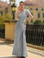 Stunning Sheath/Column Silk like Satin Applique V-Neck Short Sleeves Floor-Length Mother of the Bride Dress