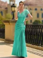 Stunning Sheath/Column Silk like Satin Applique V-Neck Short Sleeves Floor-Length Mother of the Bride Dress