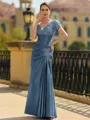 Stunning Sheath/Column Silk like Satin Applique V-Neck Short Sleeves Floor-Length Mother of the Bride Dress