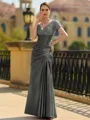 Stunning Sheath/Column Silk like Satin Applique V-Neck Short Sleeves Floor-Length Mother of the Bride Dress