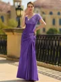 Stunning Sheath/Column Silk like Satin Applique V-Neck Short Sleeves Floor-Length Mother of the Bride Dress