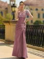 Stunning Sheath/Column Silk like Satin Applique V-Neck Short Sleeves Floor-Length Mother of the Bride Dress