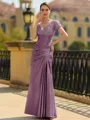 Stunning Sheath/Column Silk like Satin Applique V-Neck Short Sleeves Floor-Length Mother of the Bride Dress