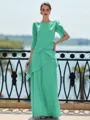 Immaculate Sheath Scoop 3/4 Sleeves Cascading Ruffles Floor-Length Chiffon Mother of the Bride Dress