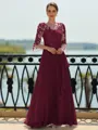 Stunning A-line Scoop 3/4 Sleeves Appliques Lace Floor-Length Chiffon Mother of the Bride Dress