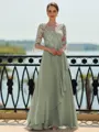 Stunning A-line Scoop 3/4 Sleeves Appliques Lace Floor-Length Chiffon Mother of the Bride Dress