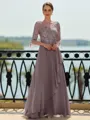 Stunning A-line Scoop 3/4 Sleeves Appliques Lace Floor-Length Chiffon Mother of the Bride Dress