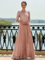 Stunning A-line Scoop 3/4 Sleeves Appliques Lace Floor-Length Chiffon Mother of the Bride Dress