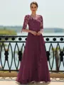 Stunning A-line Scoop 3/4 Sleeves Appliques Lace Floor-Length Chiffon Mother of the Bride Dress