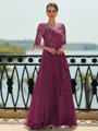 Stunning A-line Scoop 3/4 Sleeves Appliques Lace Floor-Length Chiffon Mother of the Bride Dress