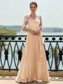 Stunning A-line Scoop 3/4 Sleeves Appliques Lace Floor-Length Chiffon Mother of the Bride Dress