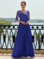 Stunning A-line Scoop 3/4 Sleeves Appliques Lace Floor-Length Chiffon Mother of the Bride Dress