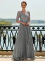 Stunning A-line Scoop 3/4 Sleeves Appliques Lace Floor-Length Chiffon Mother of the Bride Dress