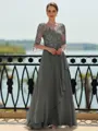 Stunning A-line Scoop 3/4 Sleeves Appliques Lace Floor-Length Chiffon Mother of the Bride Dress