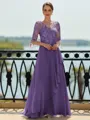 Stunning A-line Scoop 3/4 Sleeves Appliques Lace Floor-Length Chiffon Mother of the Bride Dress