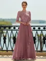 Stunning A-line Scoop 3/4 Sleeves Appliques Lace Floor-Length Chiffon Mother of the Bride Dress