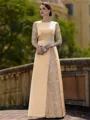Stylish Sheath Scoop 3/4 Sleeves Appliques Lace Floor-Length Satin Mother of the Bride Dress