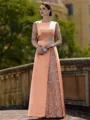 Stylish Sheath Scoop 3/4 Sleeves Appliques Lace Floor-Length Satin Mother of the Bride Dress