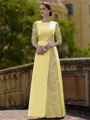 Stylish Sheath Scoop 3/4 Sleeves Appliques Lace Floor-Length Satin Mother of the Bride Dress