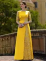 Stylish Sheath Scoop 3/4 Sleeves Appliques Lace Floor-Length Satin Mother of the Bride Dress