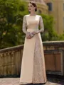 Stylish Sheath Scoop 3/4 Sleeves Appliques Lace Floor-Length Satin Mother of the Bride Dress