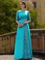 Stylish Sheath Scoop 3/4 Sleeves Appliques Lace Floor-Length Satin Mother of the Bride Dress