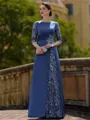 Stylish Sheath Scoop 3/4 Sleeves Appliques Lace Floor-Length Satin Mother of the Bride Dress