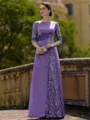 Stylish Sheath Scoop 3/4 Sleeves Appliques Lace Floor-Length Satin Mother of the Bride Dress